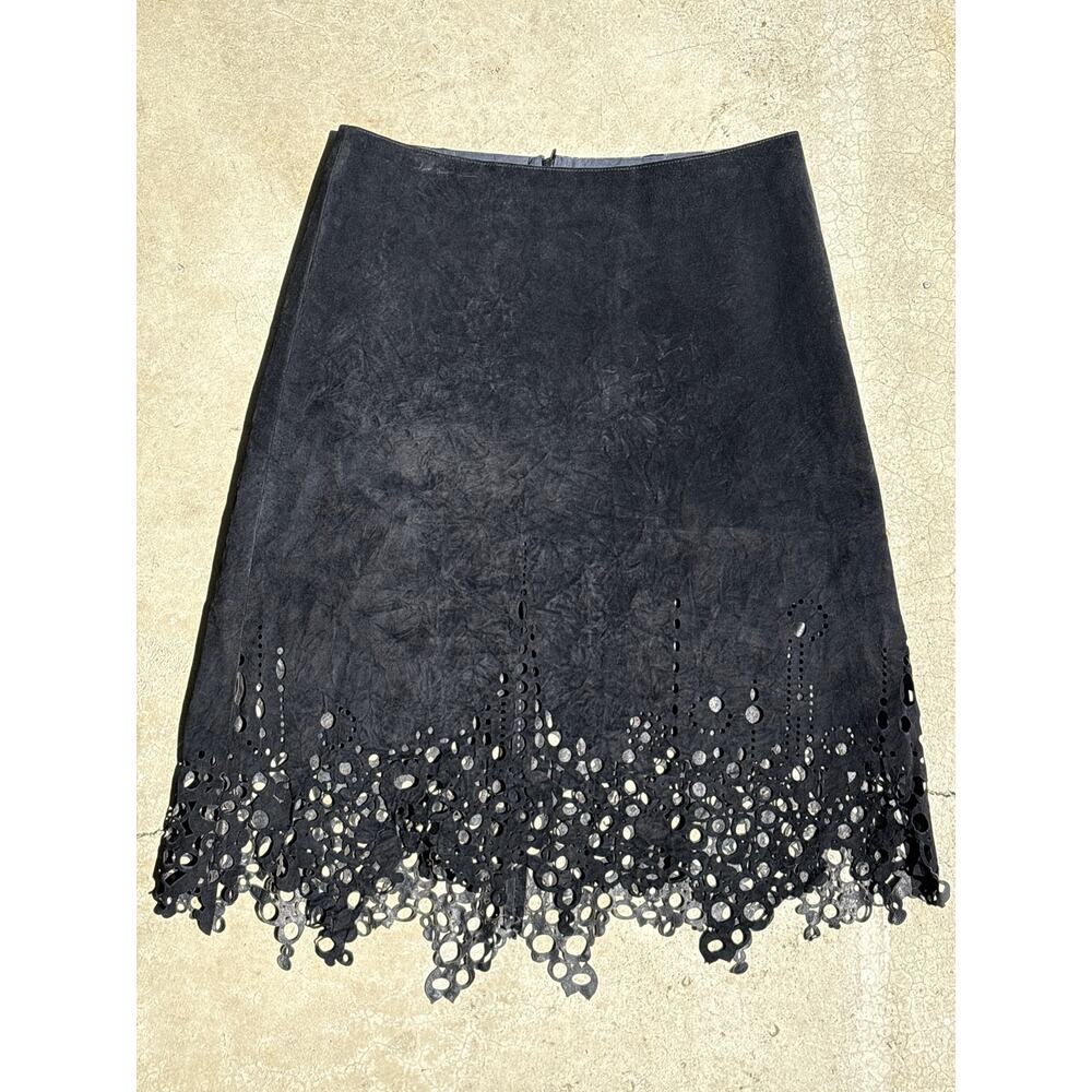Vtg Rozae Nichols black 100% leather laser cut out perforated skirt Large USA